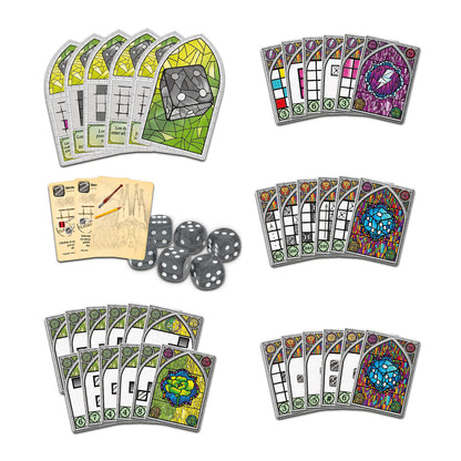 Componentes Sagrada Gloria: dados grises, cartas mosaico y hojas instrucciones