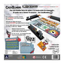 Parte trasera caja juego Caza Bombas con lista de contenido y 66 misiones de dificultad creciente