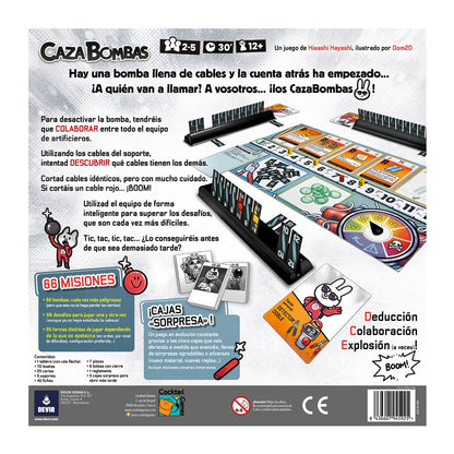 Parte trasera caja juego Caza Bombas con lista de contenido y 66 misiones de dificultad creciente
