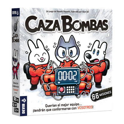 Caja juego de mesa Caza Bombas con personajes artificieros y reloj de cuenta regresiva