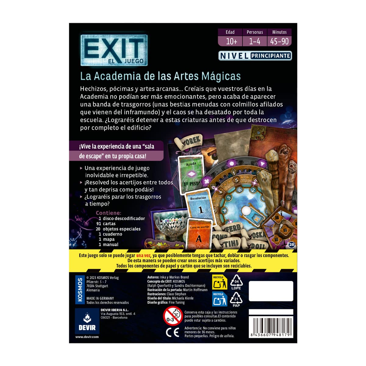 Contraportada del juego de mesa EXIT La Academia de las Artes Mágicas con componentes y lista de piezas