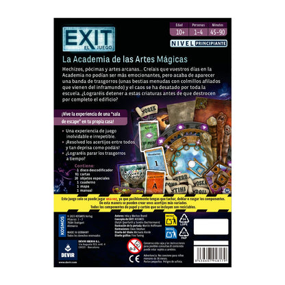 Contraportada del juego de mesa EXIT La Academia de las Artes Mágicas con componentes y lista de piezas