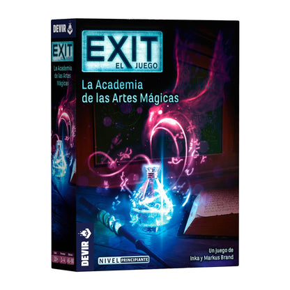 Caja frontal del juego de mesa EXIT La Academia de las Artes Mágicas nivel principiante con ilustración mágica