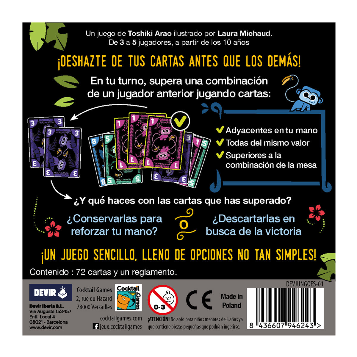 Instrucciones y diagramas del juego de cartas Jungo en el reverso de la caja