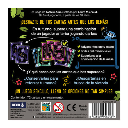 Instrucciones y diagramas del juego de cartas Jungo en el reverso de la caja