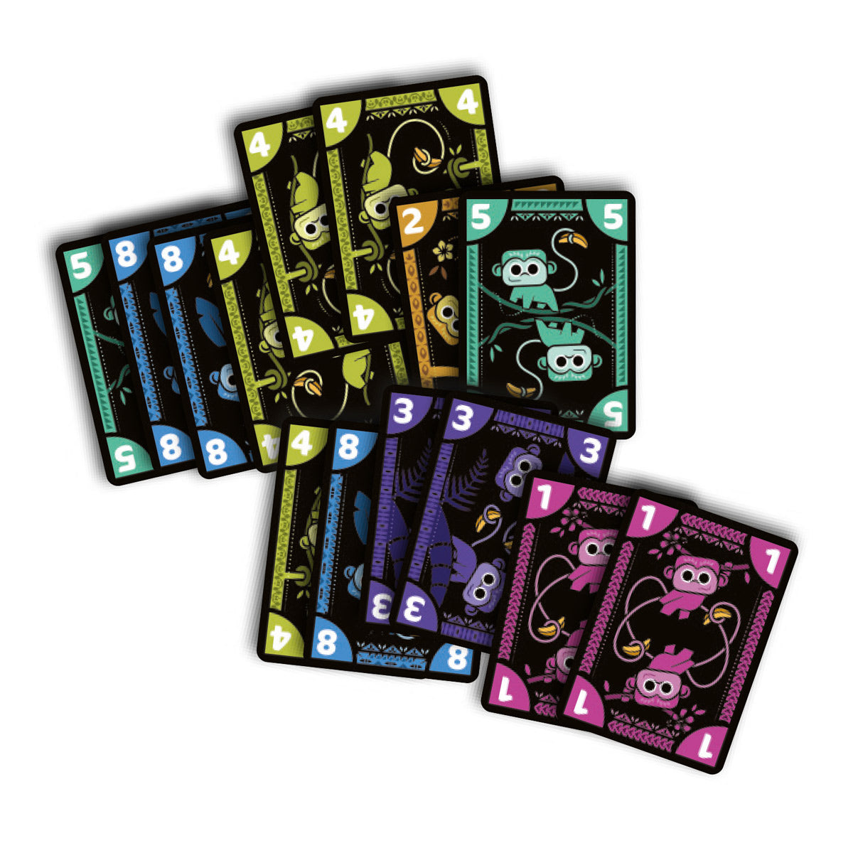 Cartas de Jungo con monos estilizados en colores vibrantes sobre fondo negro