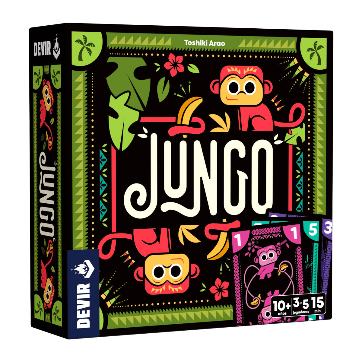 Caja del juego de cartas Jungo con ilustración tropical y monos rojos