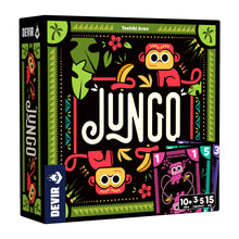 Caja del juego de cartas Jungo con ilustración tropical y monos rojos