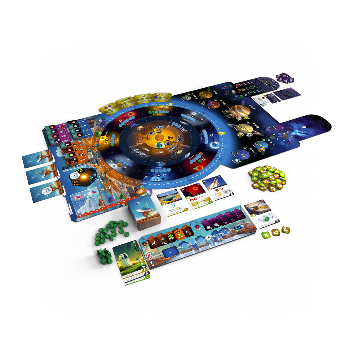 Juego de mesa SETI desplegado con tablero circular espacial, cartas y fichas