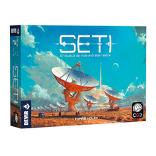 Caja del juego de mesa SETI con radiotelescopios y arte de Tomáš Holek