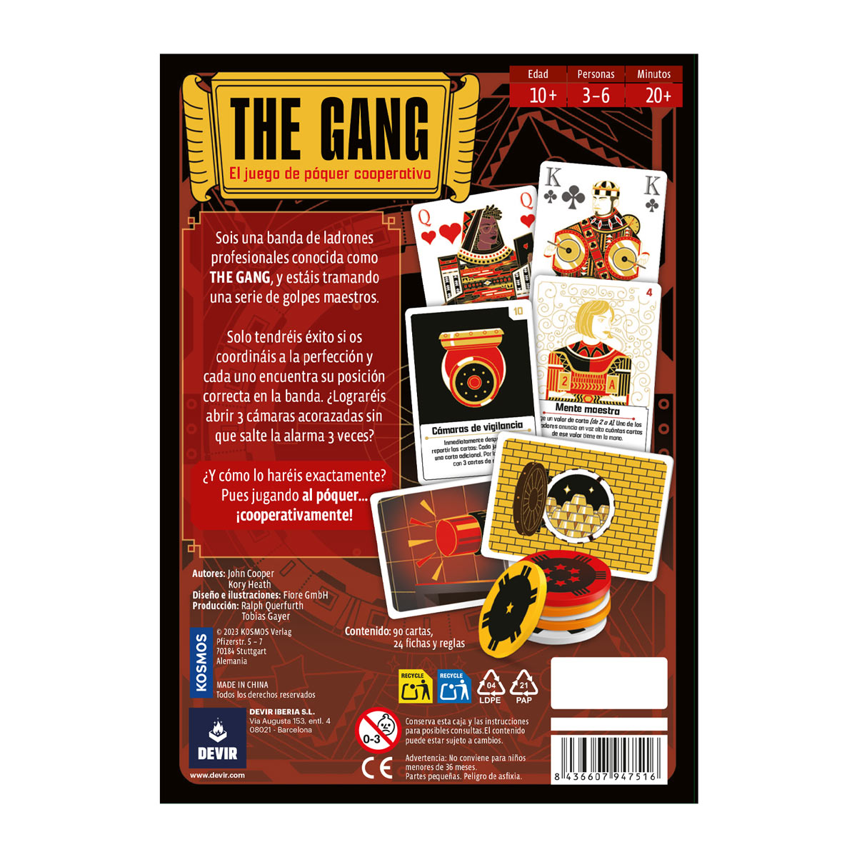 Panel trasero del juego de cartas The Gang mostrando reglas e ilustraciones de personajes