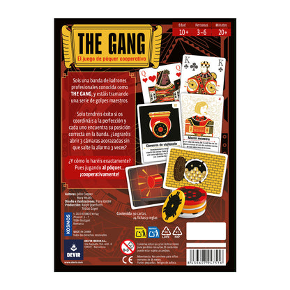 Panel trasero del juego de cartas The Gang mostrando reglas e ilustraciones de personajes