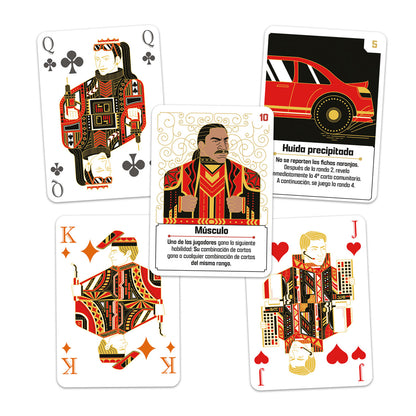 Cartas de personaje y habilidad del juego cooperativo The Gang sobre fondo blanco