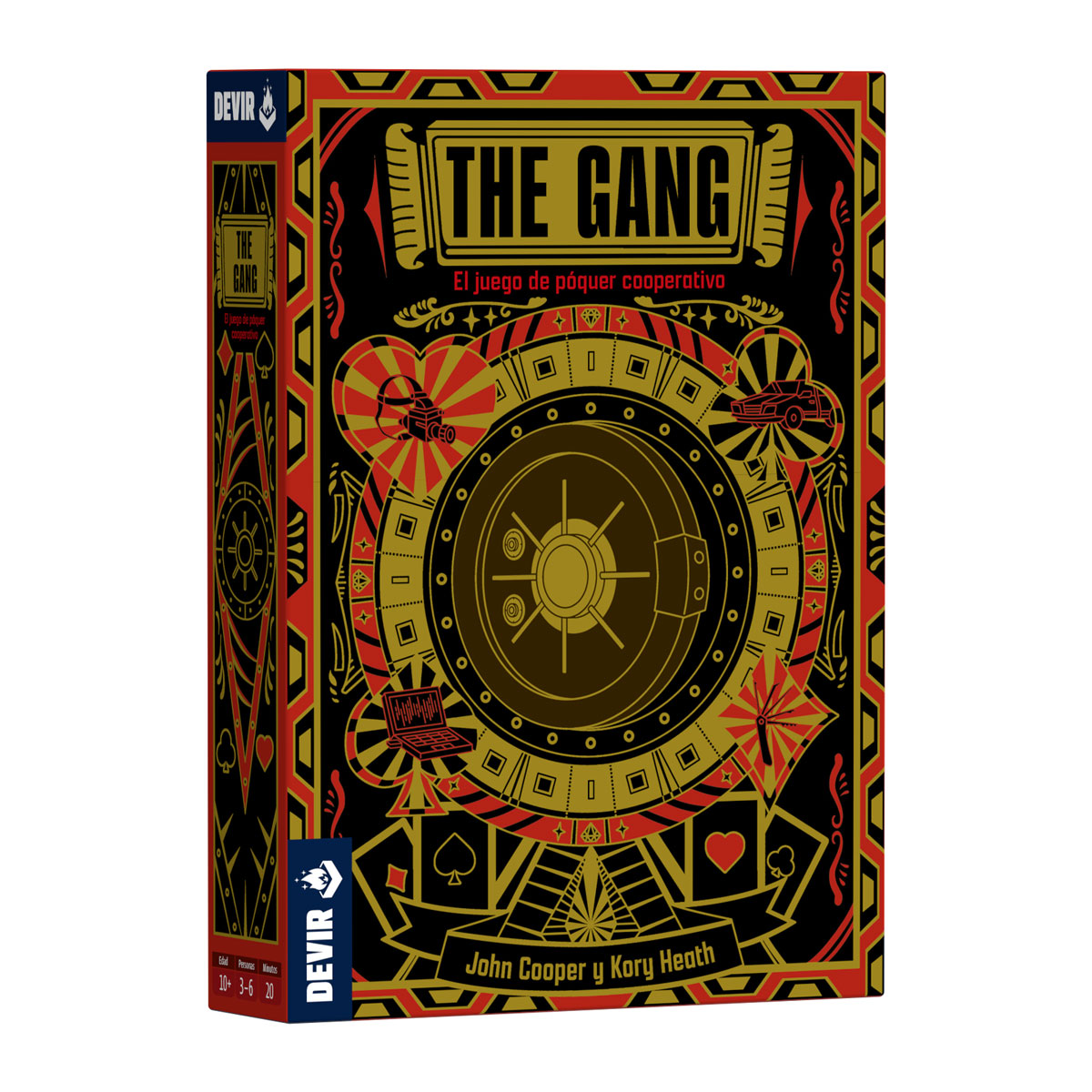 Caja del juego de cartas cooperativo The Gang con diseño negro, rojo y dorado