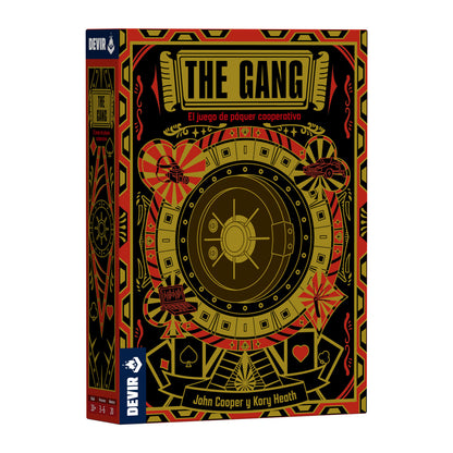 Caja del juego de cartas cooperativo The Gang con diseño negro, rojo y dorado
