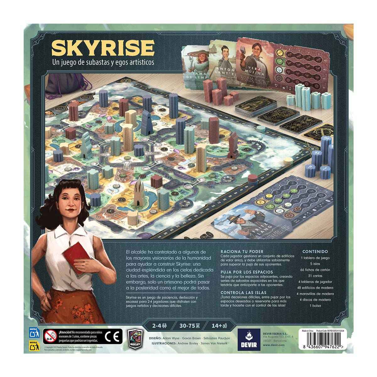 Contraportada de Skyrise juego de subastas para adultos con edificios de madera