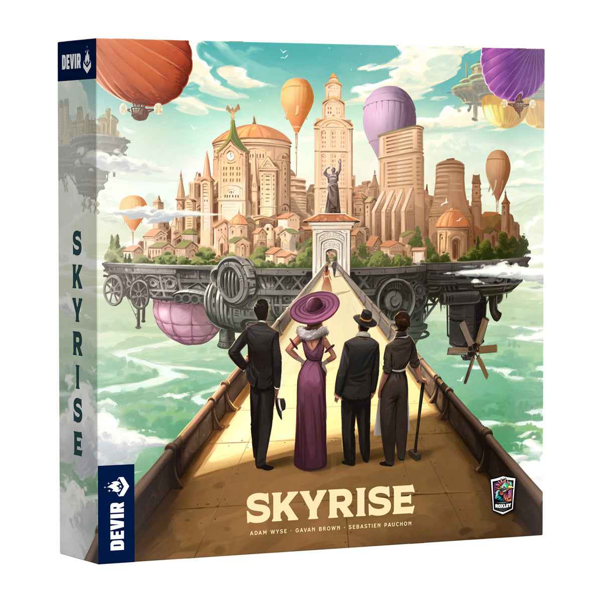 Caja del juego Skyrise estilo steampunk con ilustración de ciudad en nubes
