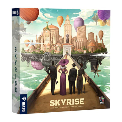 Caja del juego Skyrise estilo steampunk con ilustración de ciudad en nubes