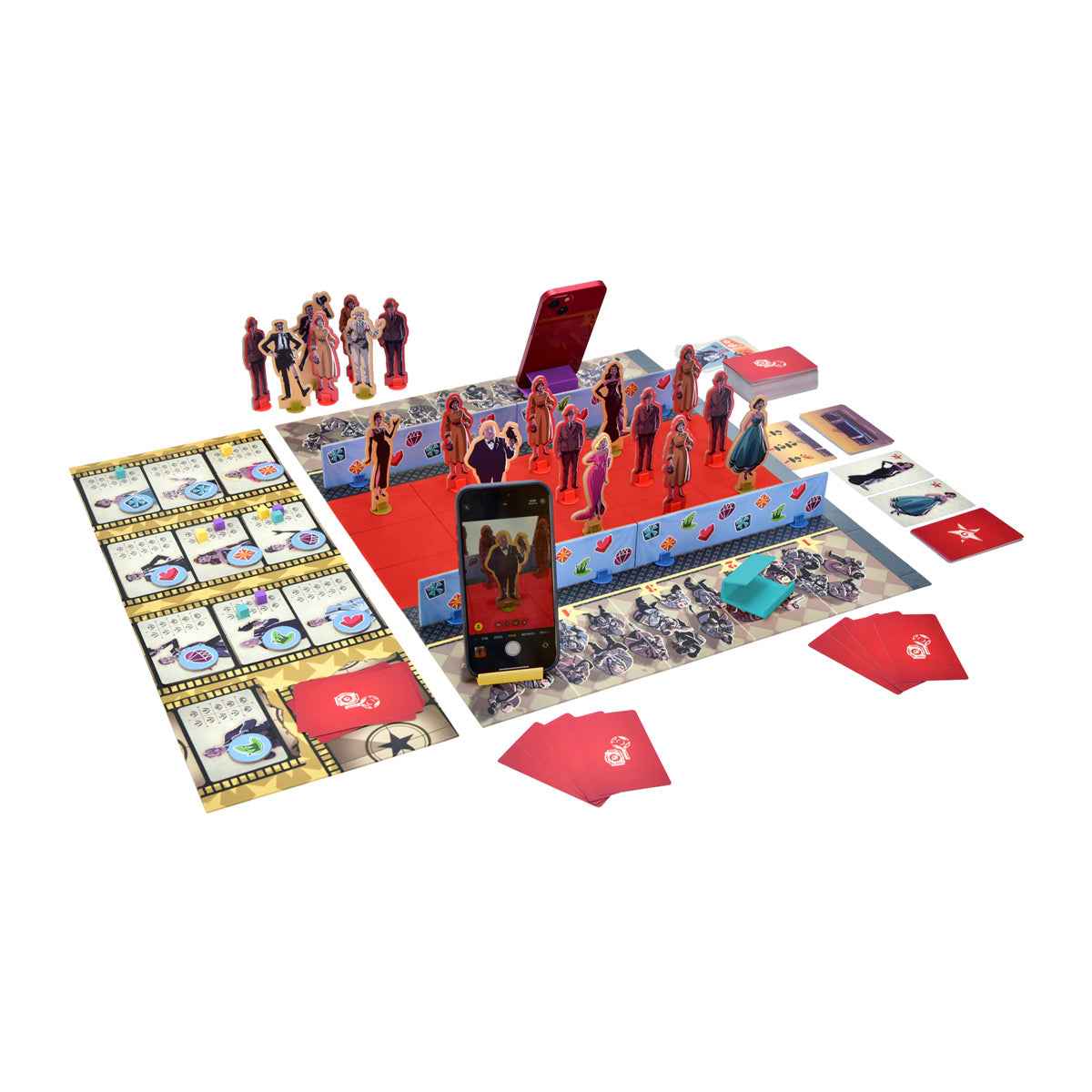 Componentes del juego Red Carpet con figuras celebridades y cartas sobre fondo blanco