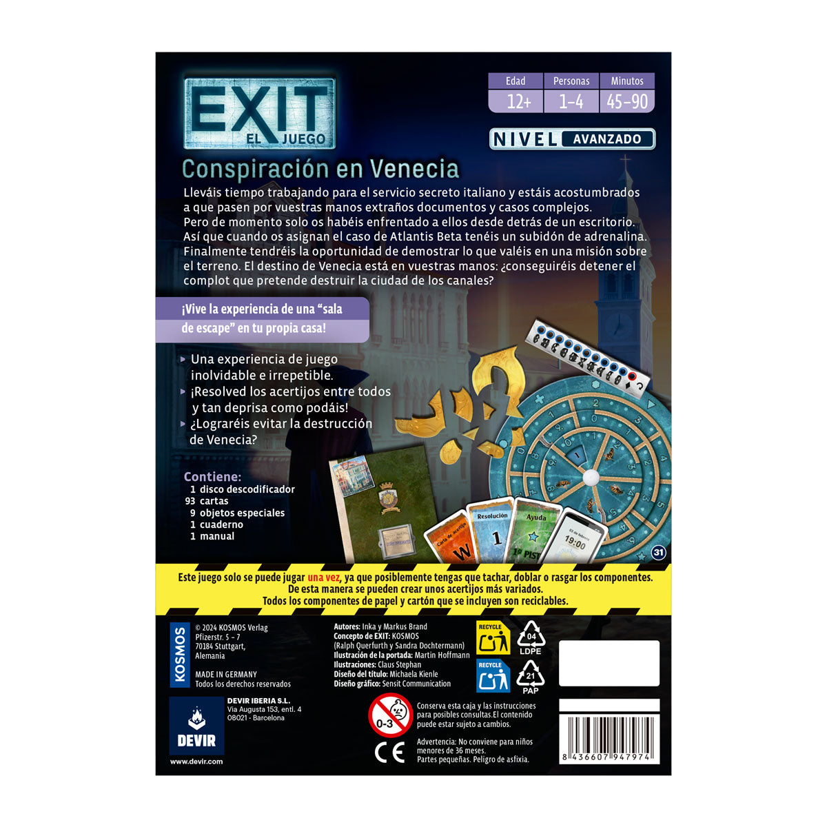 Parte trasera caja Exit Conspiración en Venecia con componentes y reglas