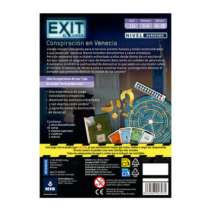 Parte trasera caja Exit Conspiración en Venecia con componentes y reglas