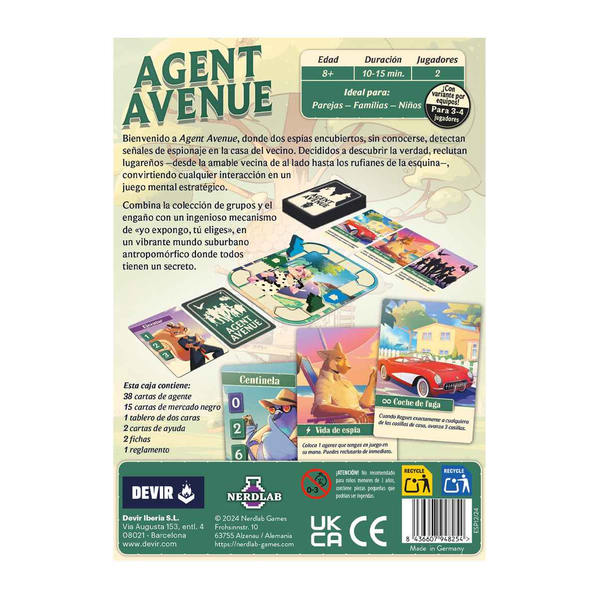 Dorso de la caja del juego de mesa Agent Avenue mostrando descripción y contenido en español