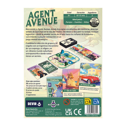 Dorso de la caja del juego de mesa Agent Avenue mostrando descripción y contenido en español