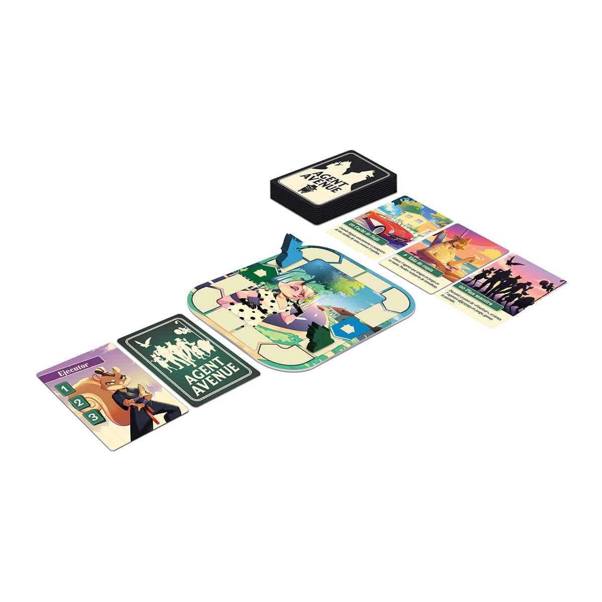 Componentes del juego de mesa Agent Avenue con tablero, cartas y fichas sobre fondo blanco