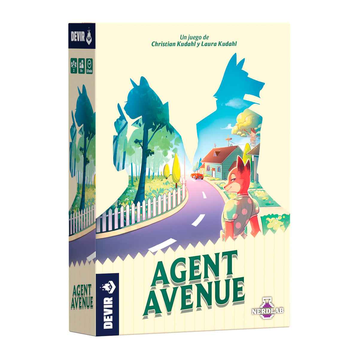 Caja frontal del juego de mesa para niños Agent Avenue con ilustración de calle y personajes