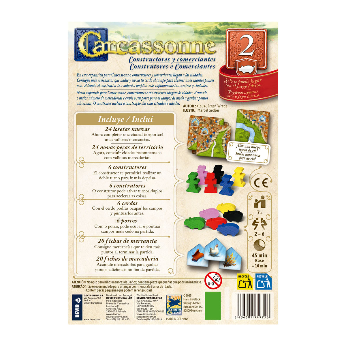 Contenido del juego Carcassonne Constructores y Comerciantes losetas y fichas