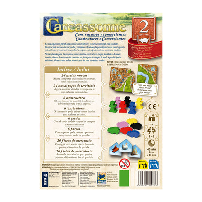 Contenido del juego Carcassonne Constructores y Comerciantes losetas y fichas