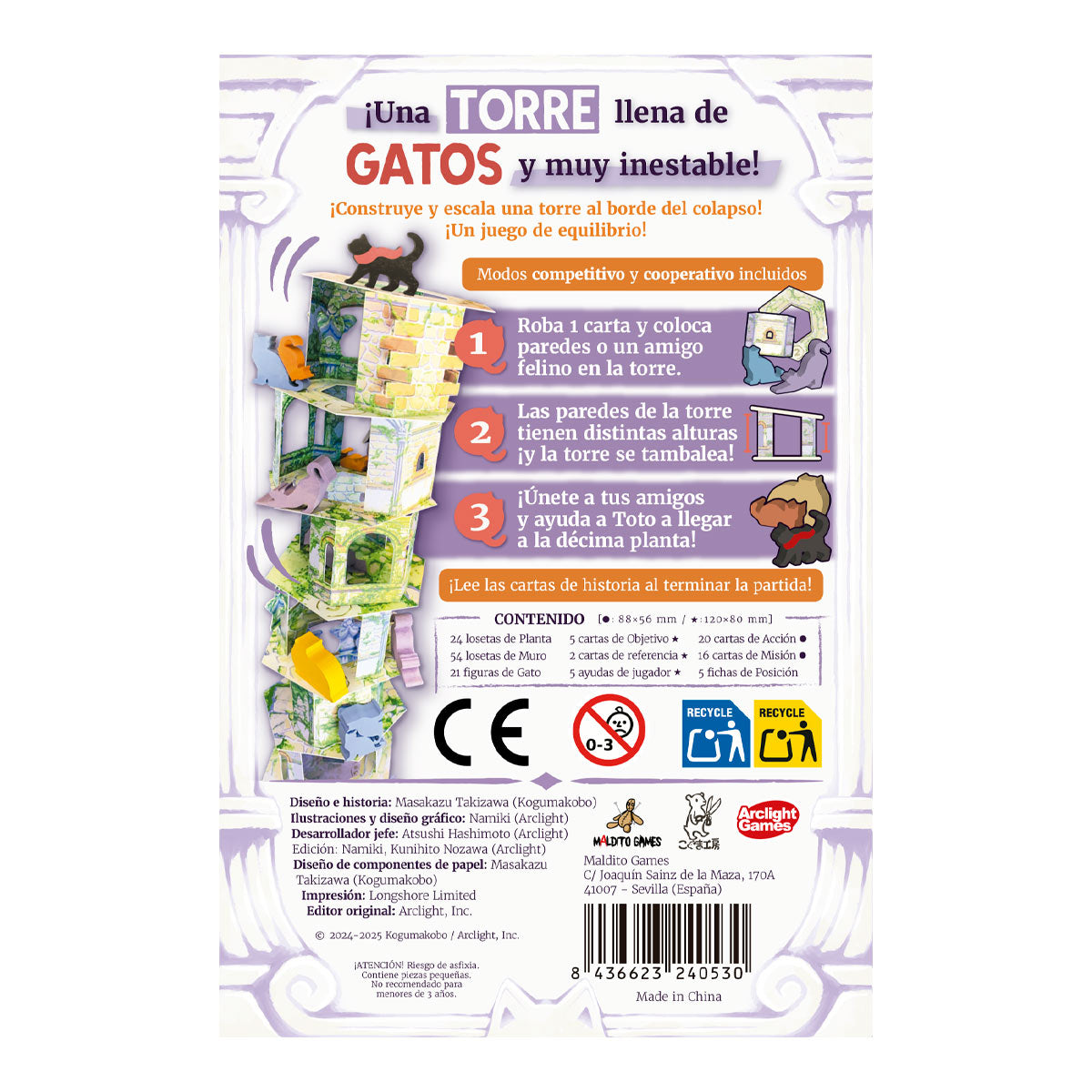 Dorso caja juego de mesa El Gato y la Torre lista contenido y reglas en español