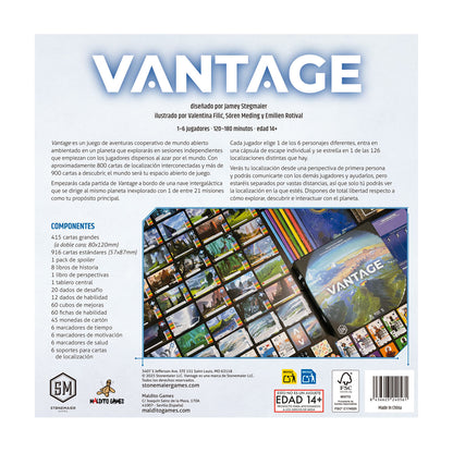 Vantage juego de mesa contraportada lista de componentes y detalles diseño Jamey Stegmaier