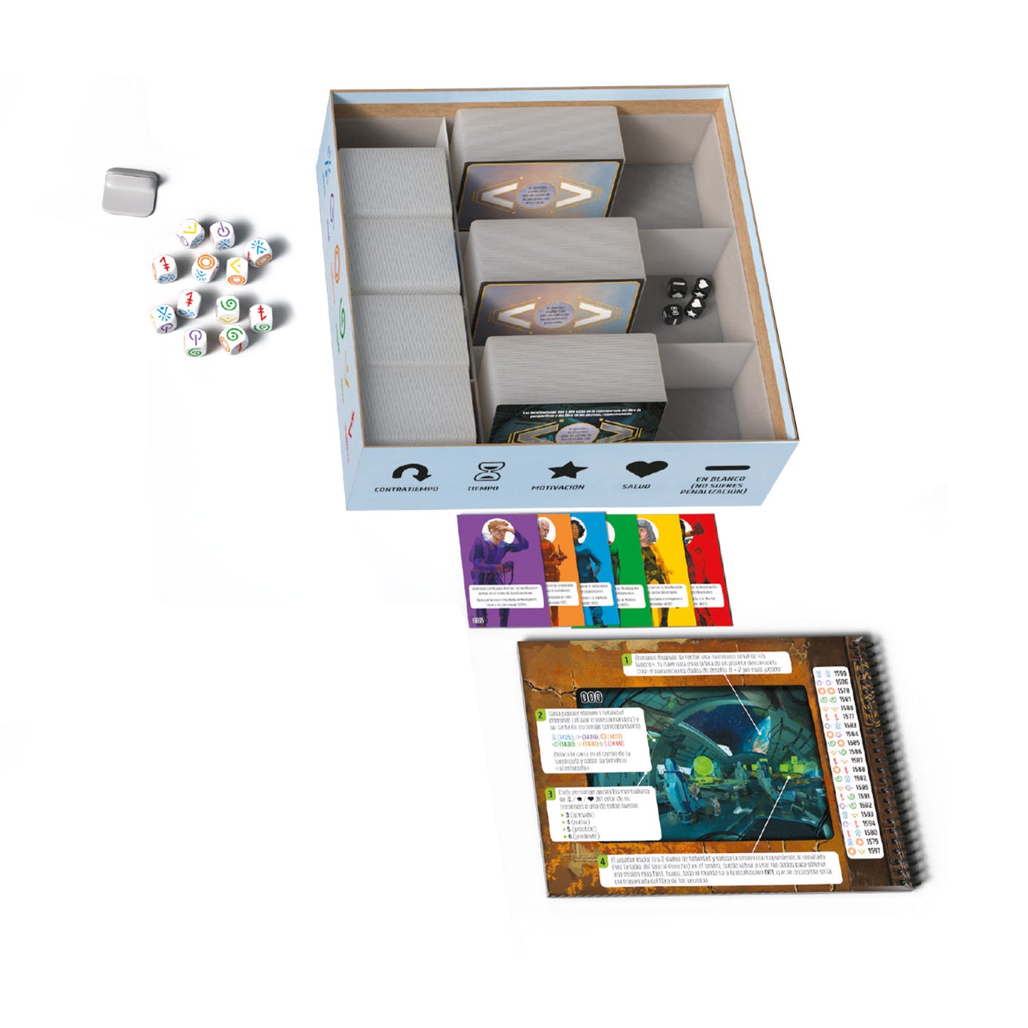 Vantage juego de mesa cooperativo vista interior caja con componentes, cartas y dados