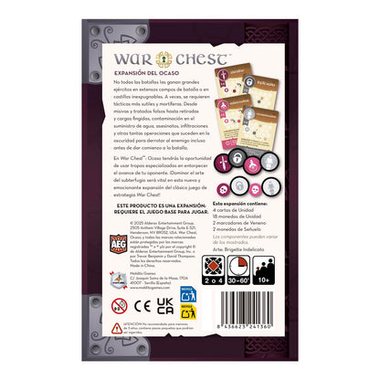 War Chest Ocaso expansión juego de mesa trasera con reglas y símbolos