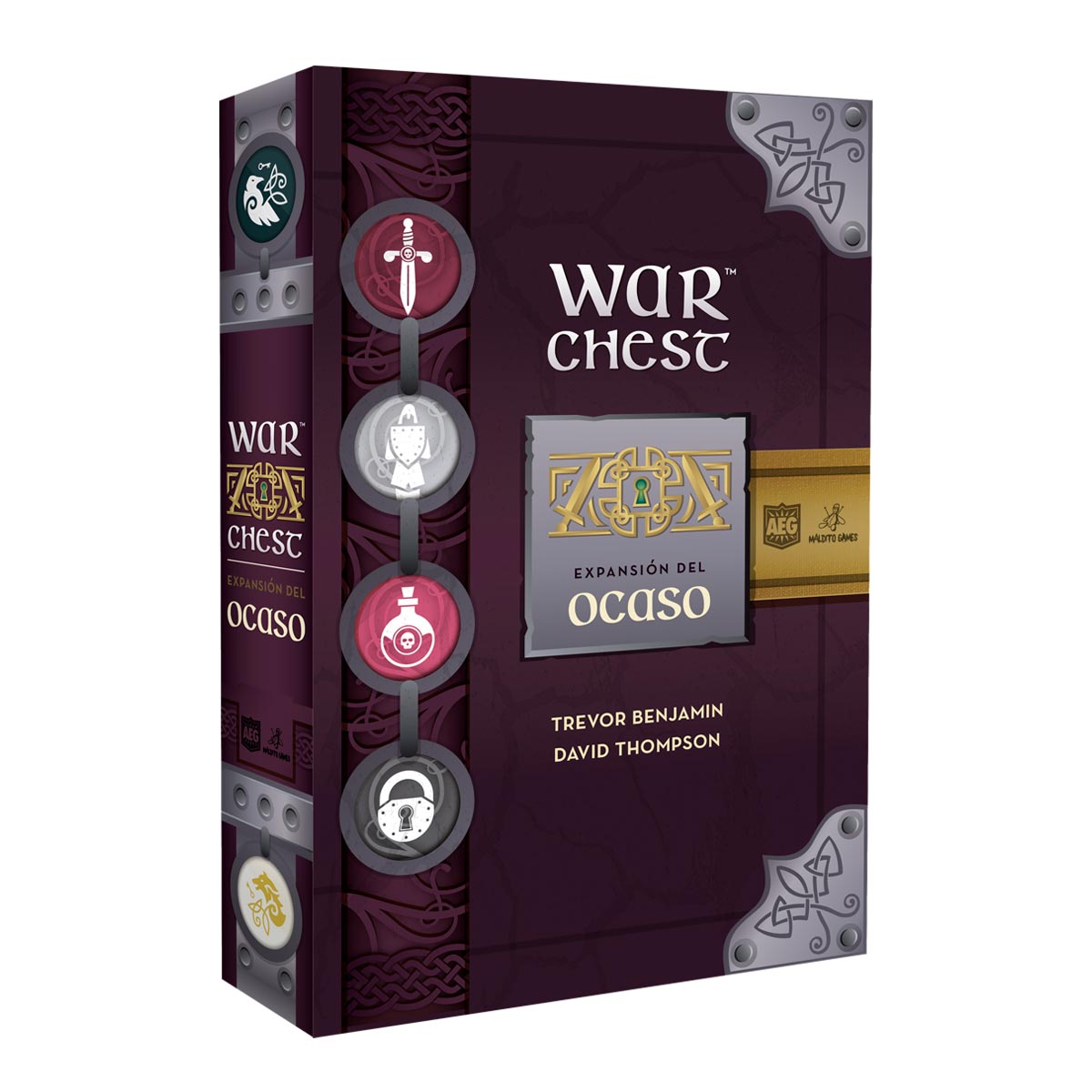 Caja War Chest Ocaso expansión juego de mesa diseño morado y dorado