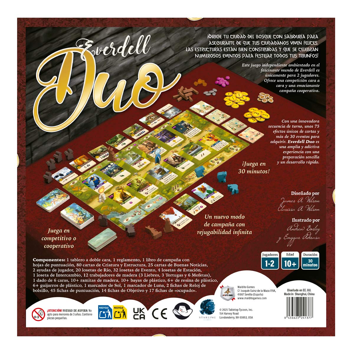 Dorso caja Everdell Duo muestra tablero, componentes y reglas para partida estratégica de 1 a 2 jugadores