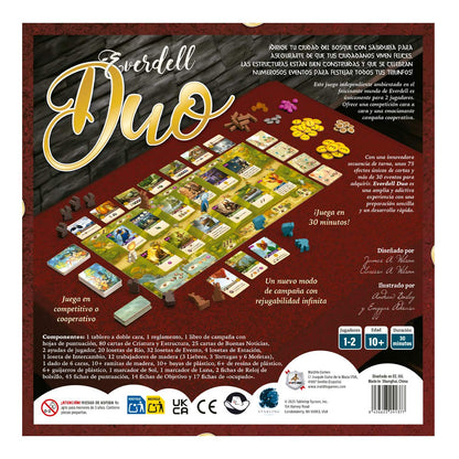 Dorso caja Everdell Duo muestra tablero, componentes y reglas para partida estratégica de 1 a 2 jugadores