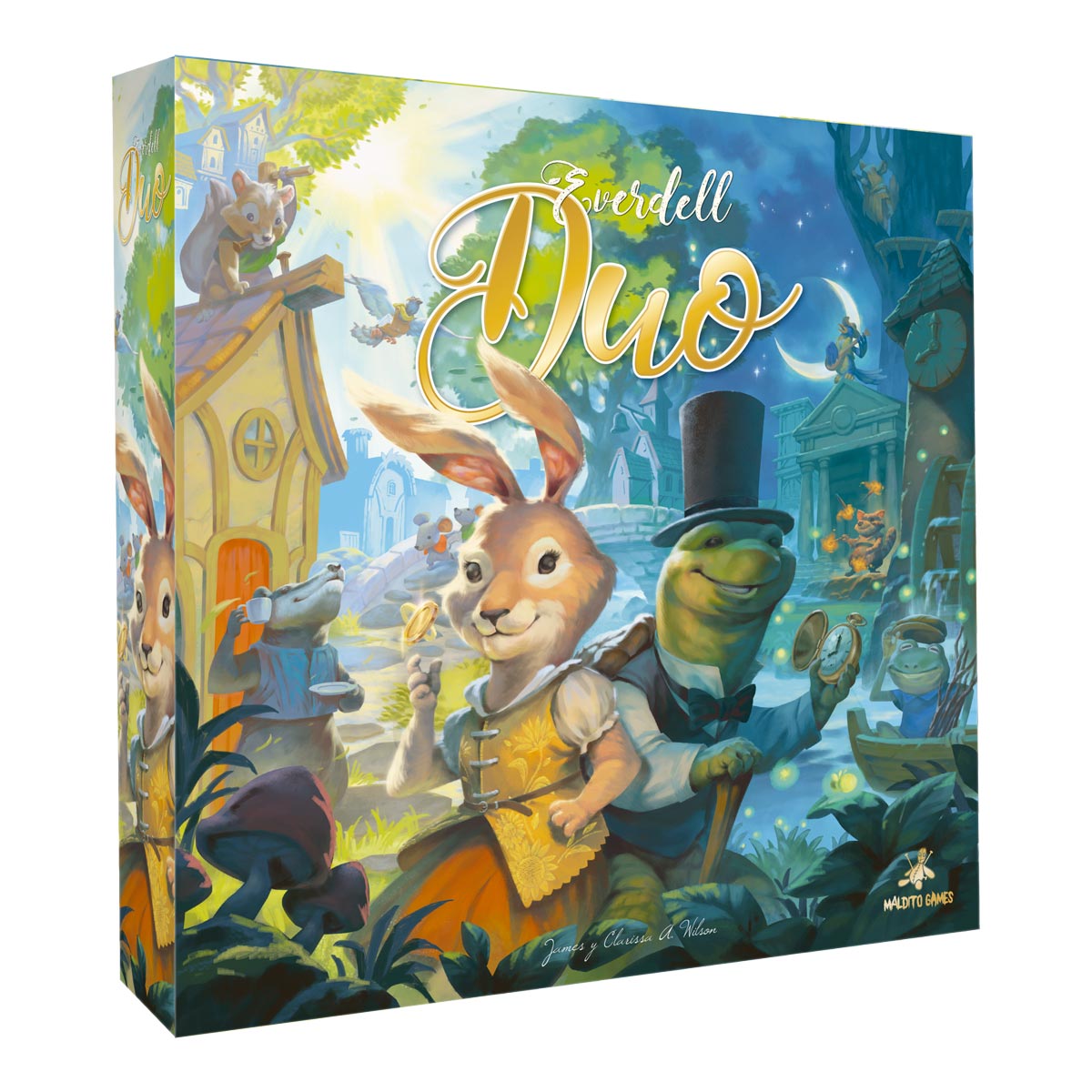 Caja juego de mesa Everdell Duo para 2 jugadores con ilustración de conejo y tortuga en bosque mágico