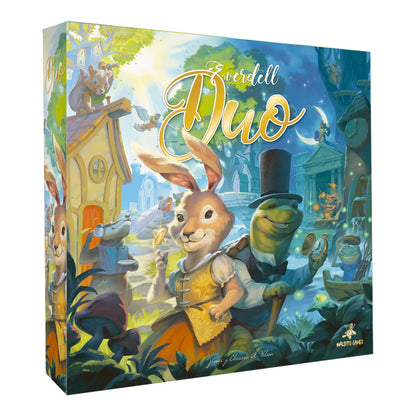 Caja juego de mesa Everdell Duo para 2 jugadores con ilustración de conejo y tortuga en bosque mágico