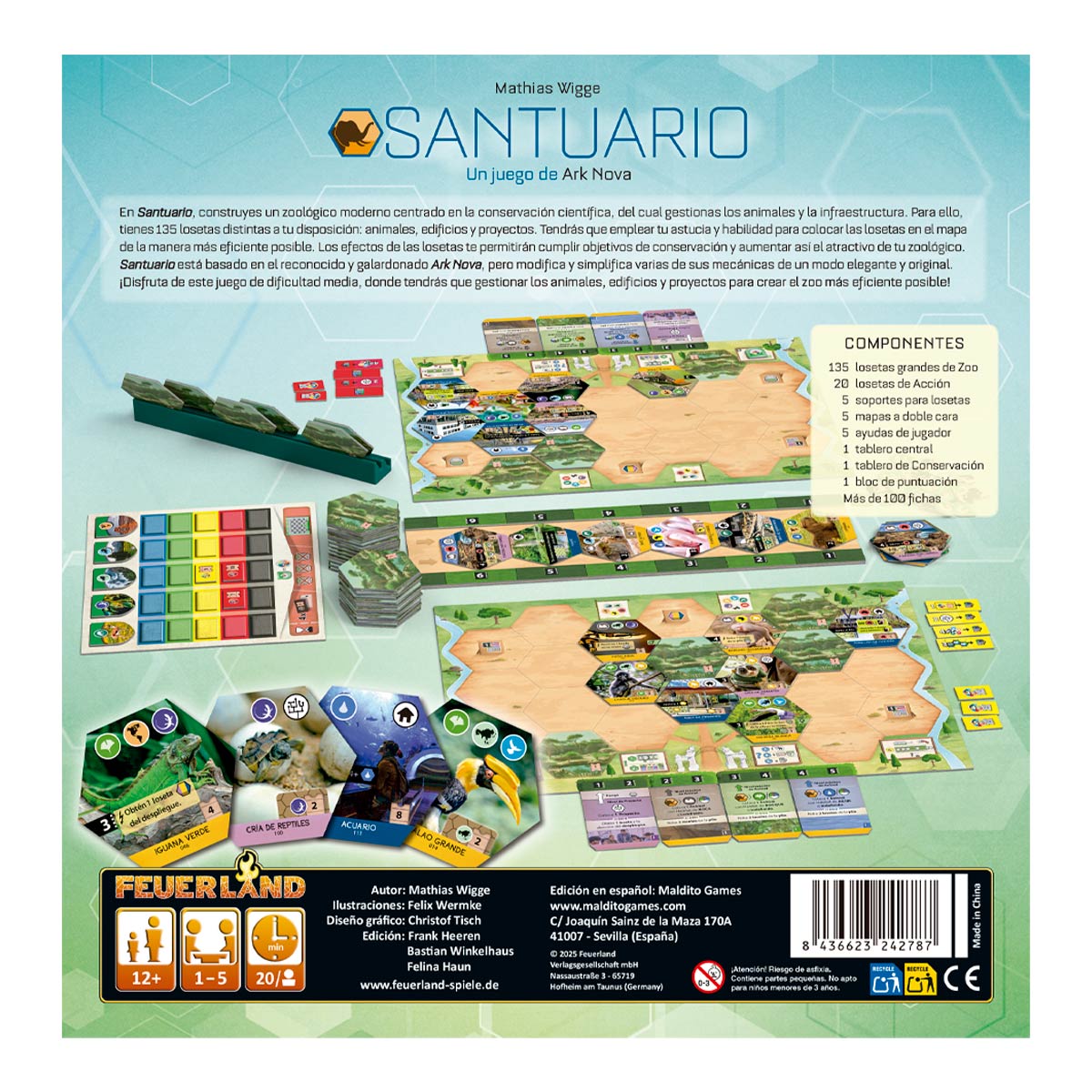 Parte trasera caja juego de mesa Santuario con lista de componentes y piezas hexagonales