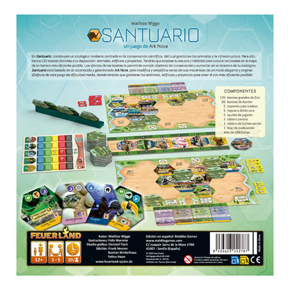 Parte trasera caja juego de mesa Santuario con lista de componentes y piezas hexagonales