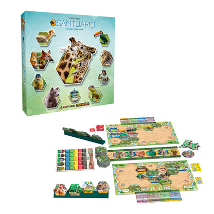 Juego de mesa Santuario caja frontal con animales hexagonales y piezas desplegadas