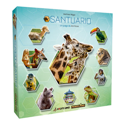 Caja del juego de mesa Santuario diseño hexagonal con jirafas y logotipos Maldito Games