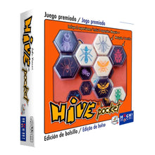 Caja del juego abstracto Hive Pocket edición de bolsillo con diseño naranja y piezas de insectos
