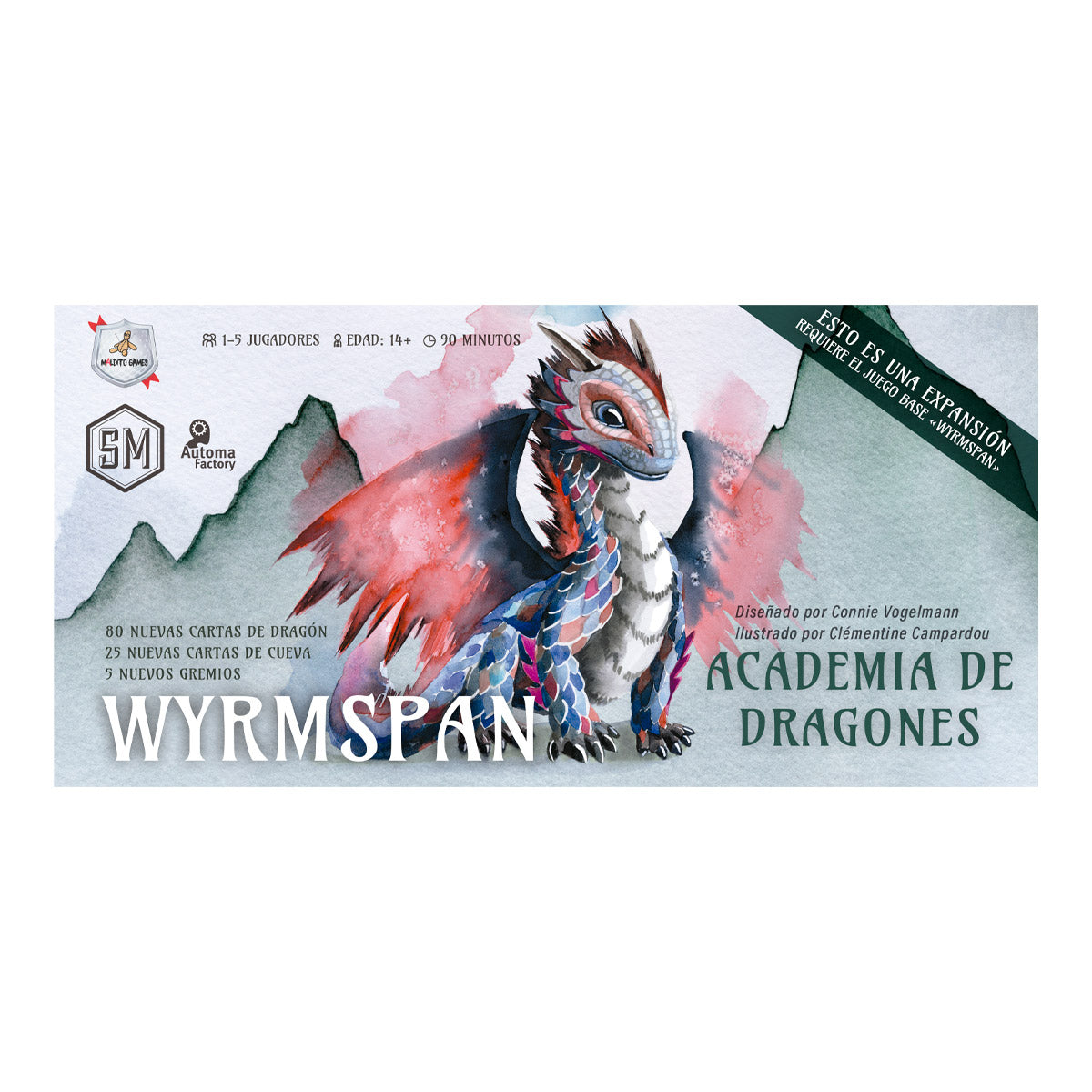 Caja expansión Wyrmspan Academia de Dragones con dragón ilustrado y contenido extra para juego base