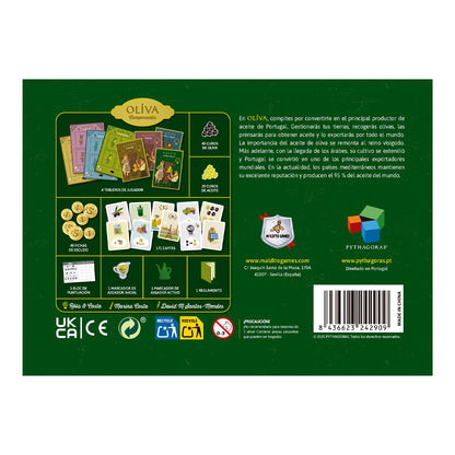 Contraportada Oliva juego de cartas con componentes, tableros y fichas de aceite