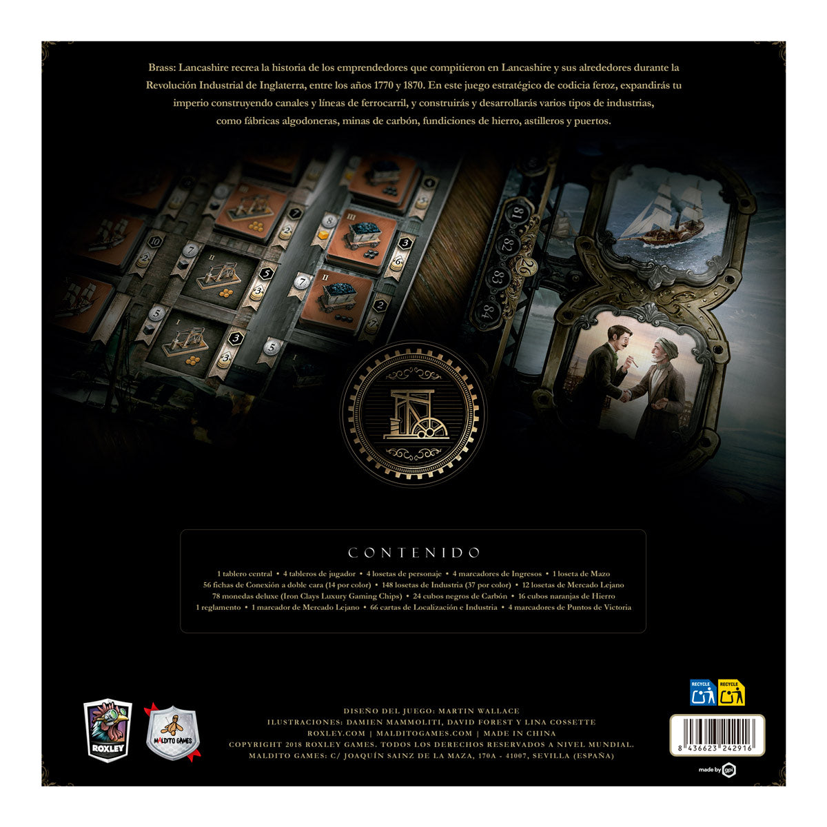Brass Lancashire Deluxe contraportada con vista del tablero, fichas y lista de componentes