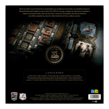 Brass Lancashire Deluxe contraportada con vista del tablero, fichas y lista de componentes