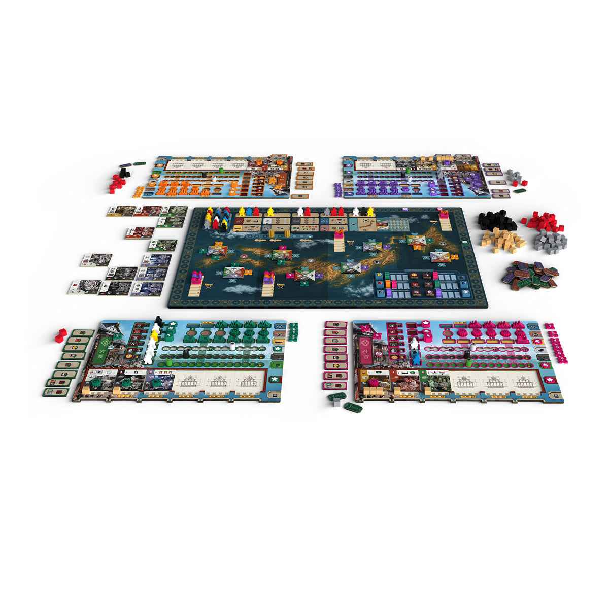 Juego de mesa Nippon Zaibatsu desarmado con tableros de jugador multicolor y fichas